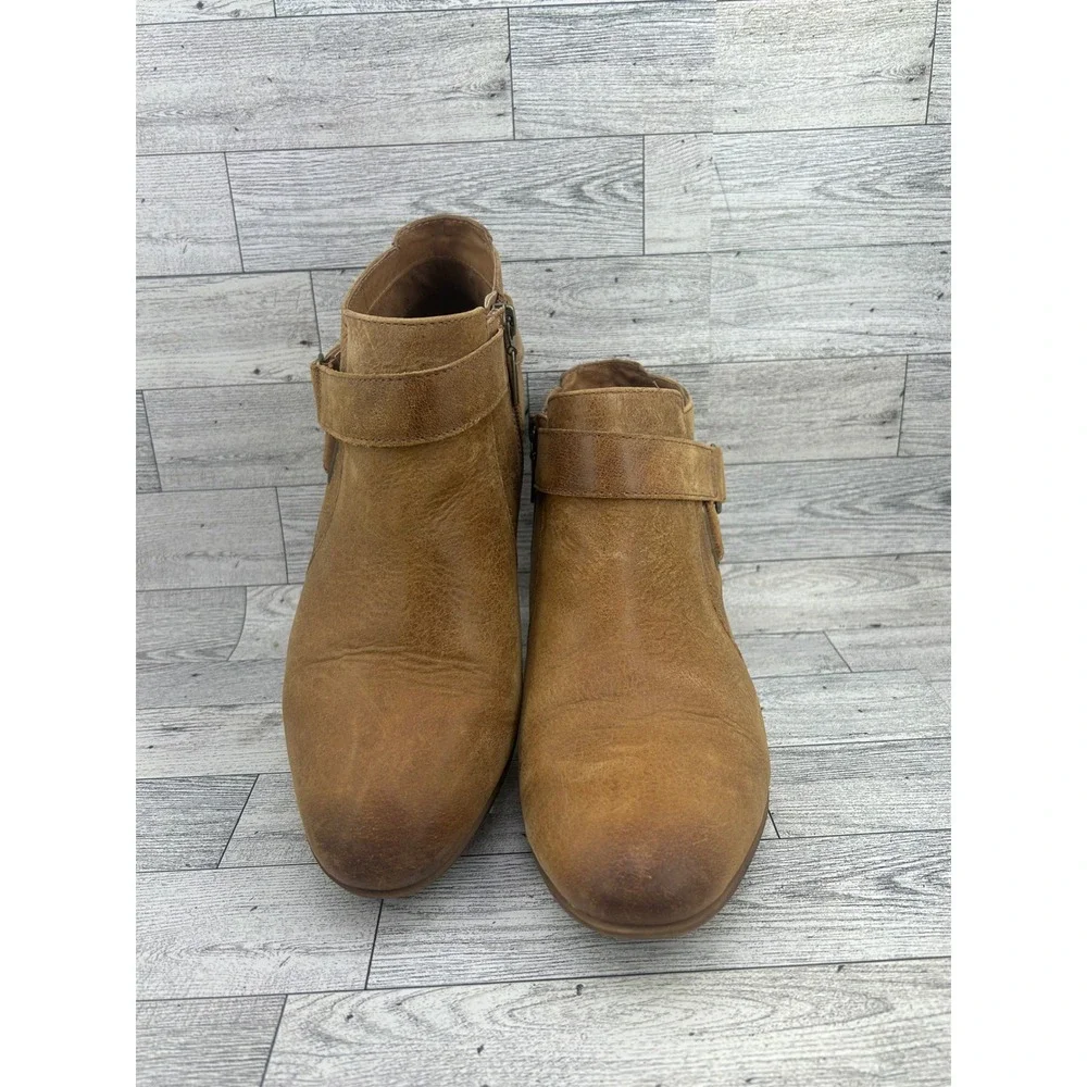 Clarks Artisan Women Tan‎ Leather Ankle Boots Buckle Strap Side Zip Size 10M
